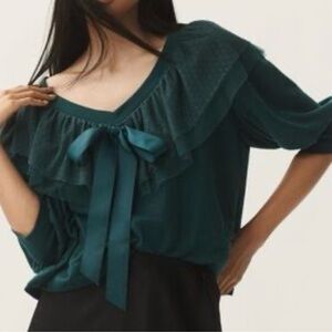 Maeve/Anthropologie Emerald Green Ruffled Cropped Blouse with Bow